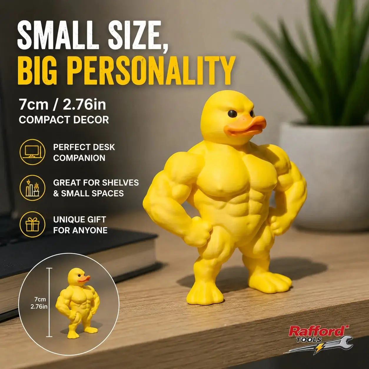 Muscle duck statue, 7 cm 3D desktop decor, yellow muscular rubber duck figurine with Rafford Tools logo.