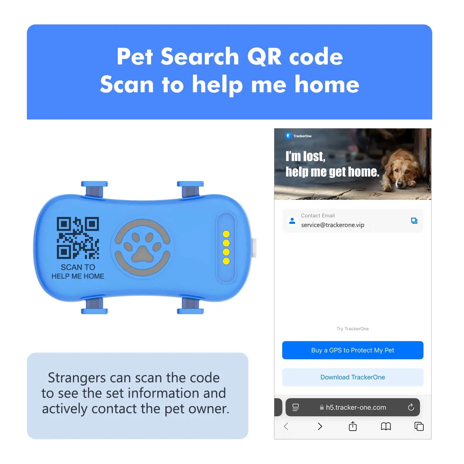 GPS pet tracker device in blue with QR code and paw icon; features SCAN TO HELP ME HOME text for dogs and cats