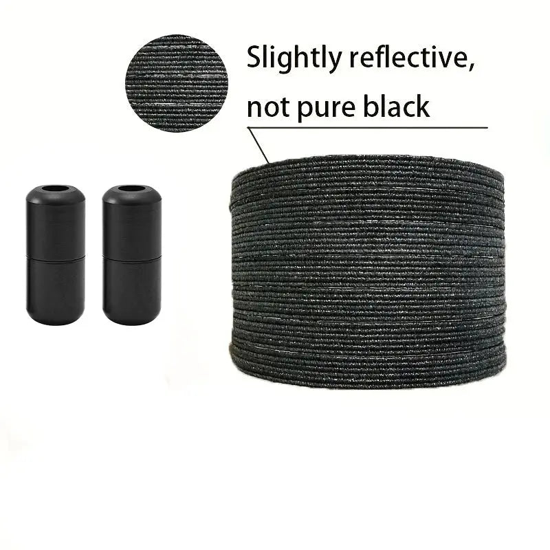 No-tie elastic shoelaces in slightly reflective black with two plastic end tips