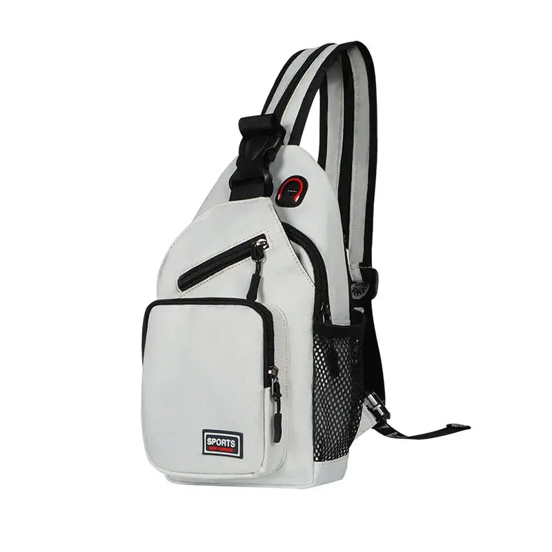Simples Market women's chest bag backpack in light gray Oxford fabric with adjustable straps and earphone hole.