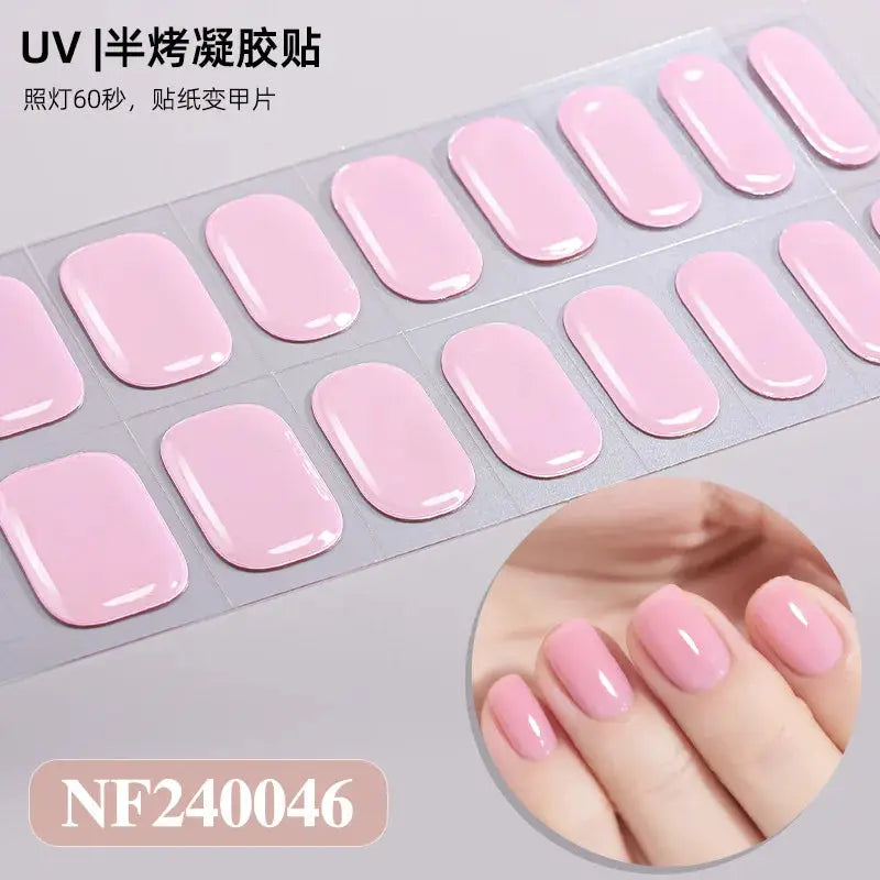 Gel nail wrap sheet in pink, full-cover semi-cured UV gel stickers for DIY manicure, 16/20/22 tips.