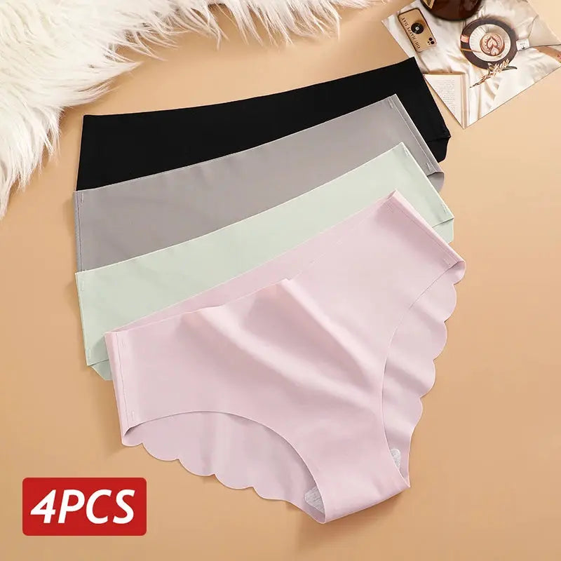 Simples Market ice silk seamless panties 4-piece set in black, gray, mint and pink with scalloped wavy sides.
