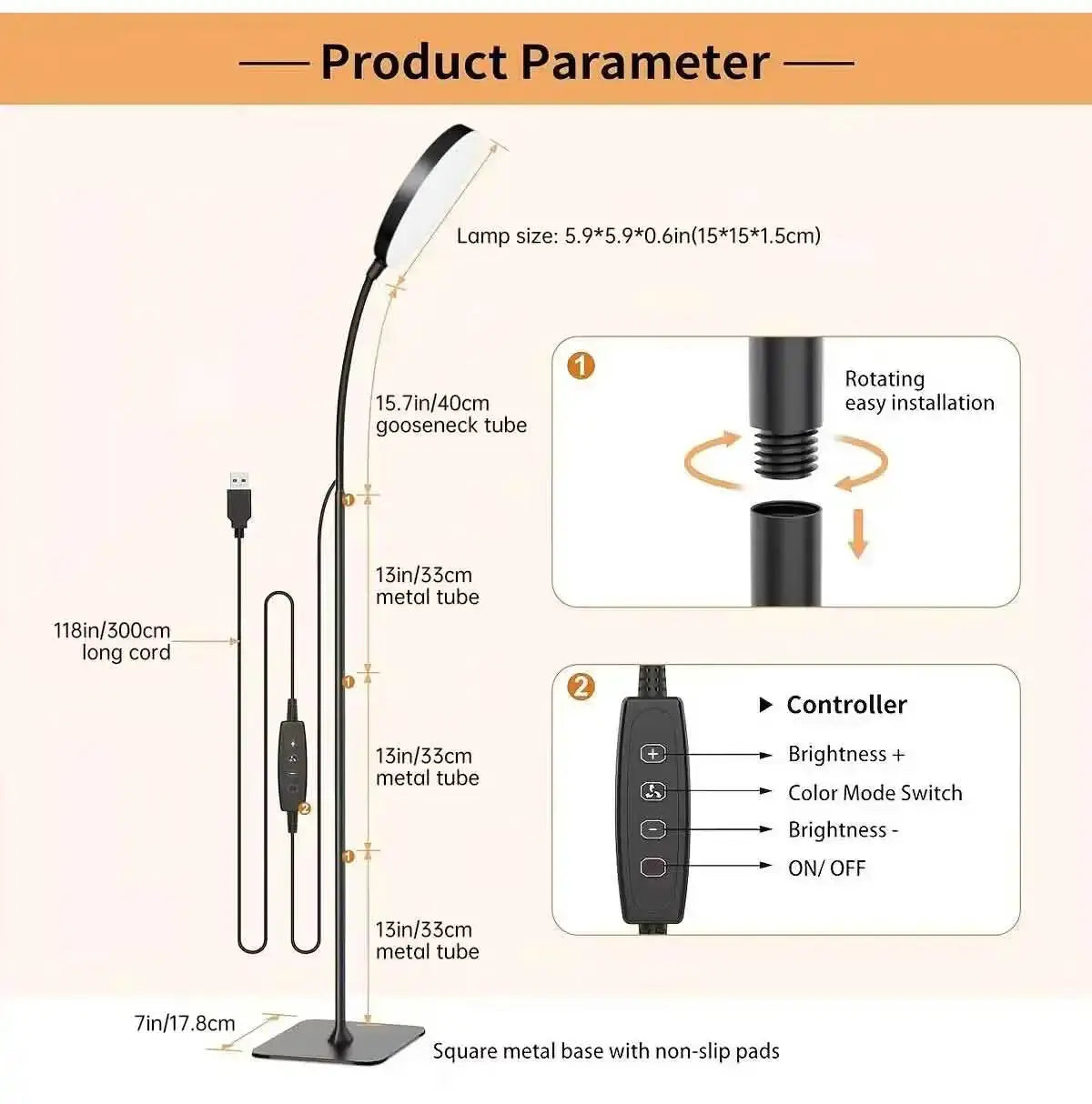 LED floor lamp by Simples Market with flexible gooseneck, dimmable control, black finish and square metal base
