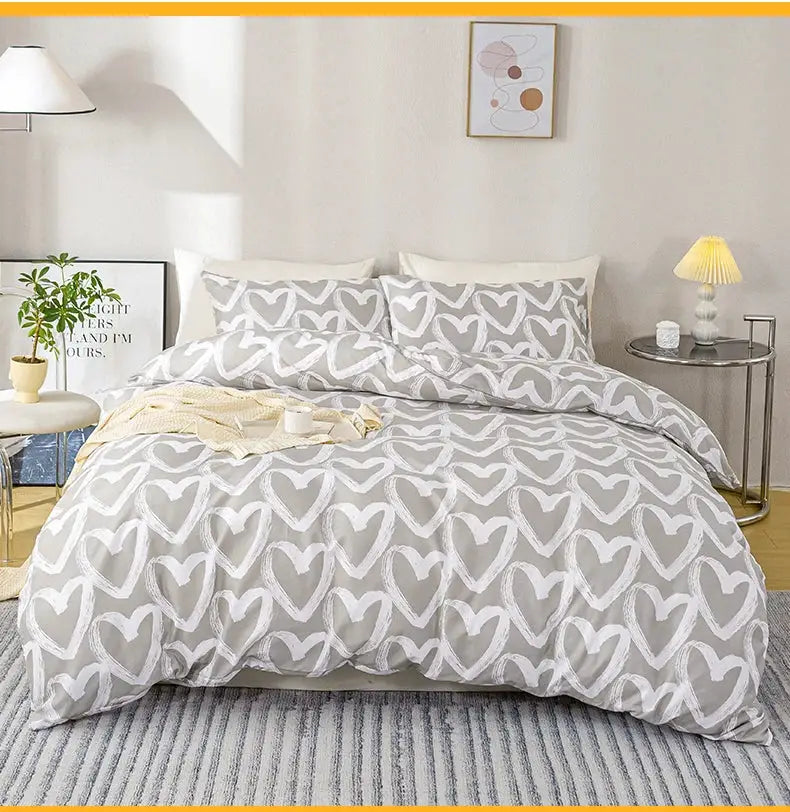 Simples Market 3pc Heart Print Duvet Cover Set, blue & gray; includes 1 duvet cover + 2 pillowcases, soft fabric.