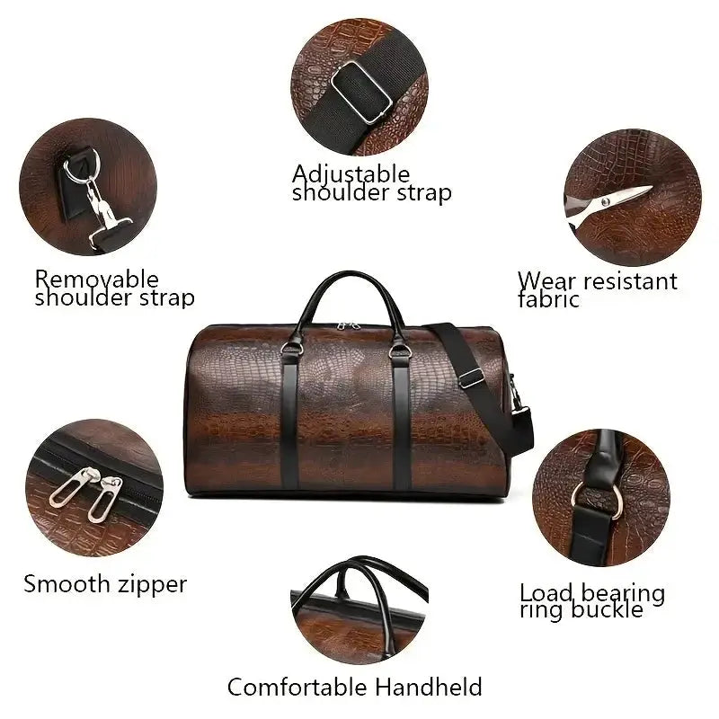 Large capacity crocodile-textured travel duffel bag by Simples Market with black handles and removable shoulder strap