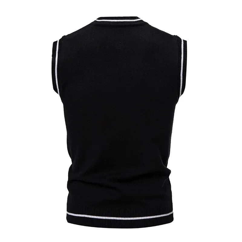 Men's black knit sleeveless vest with white striped trims at neckline and hem (back view)