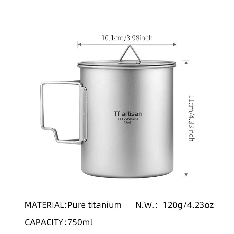 Tiartisan titanium camping mug with folding handle, 750ml capacity