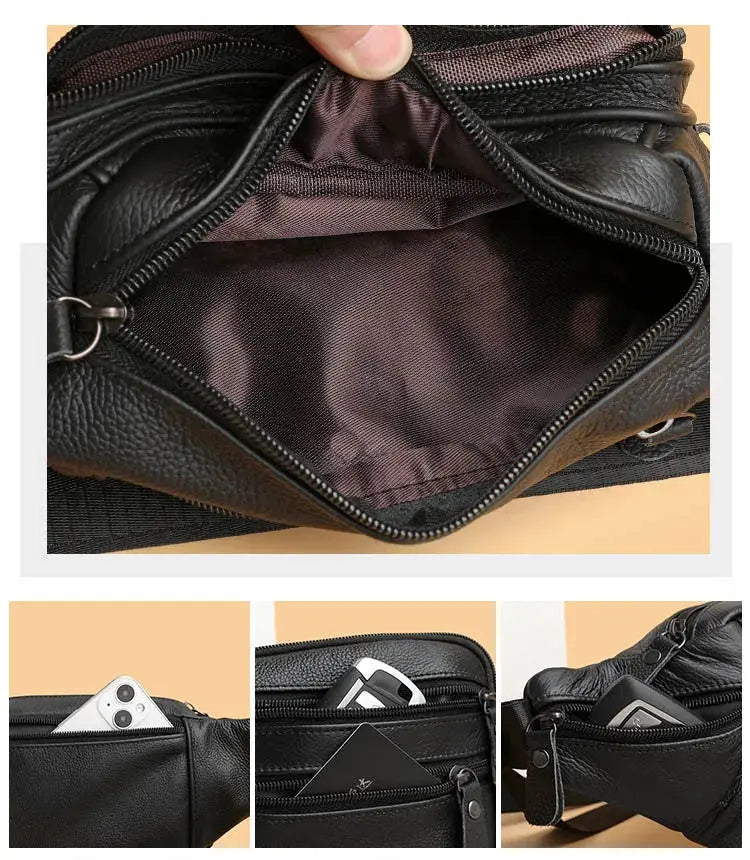 Simples Market men's genuine leather fanny pack, black waist bag with multiple zip pockets for phone