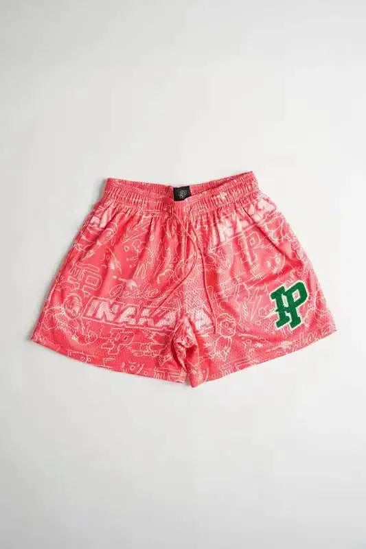 Men's pink mesh athletic shorts with green IP logo, breathable quick-dry beach fitness shorts by Simples Market