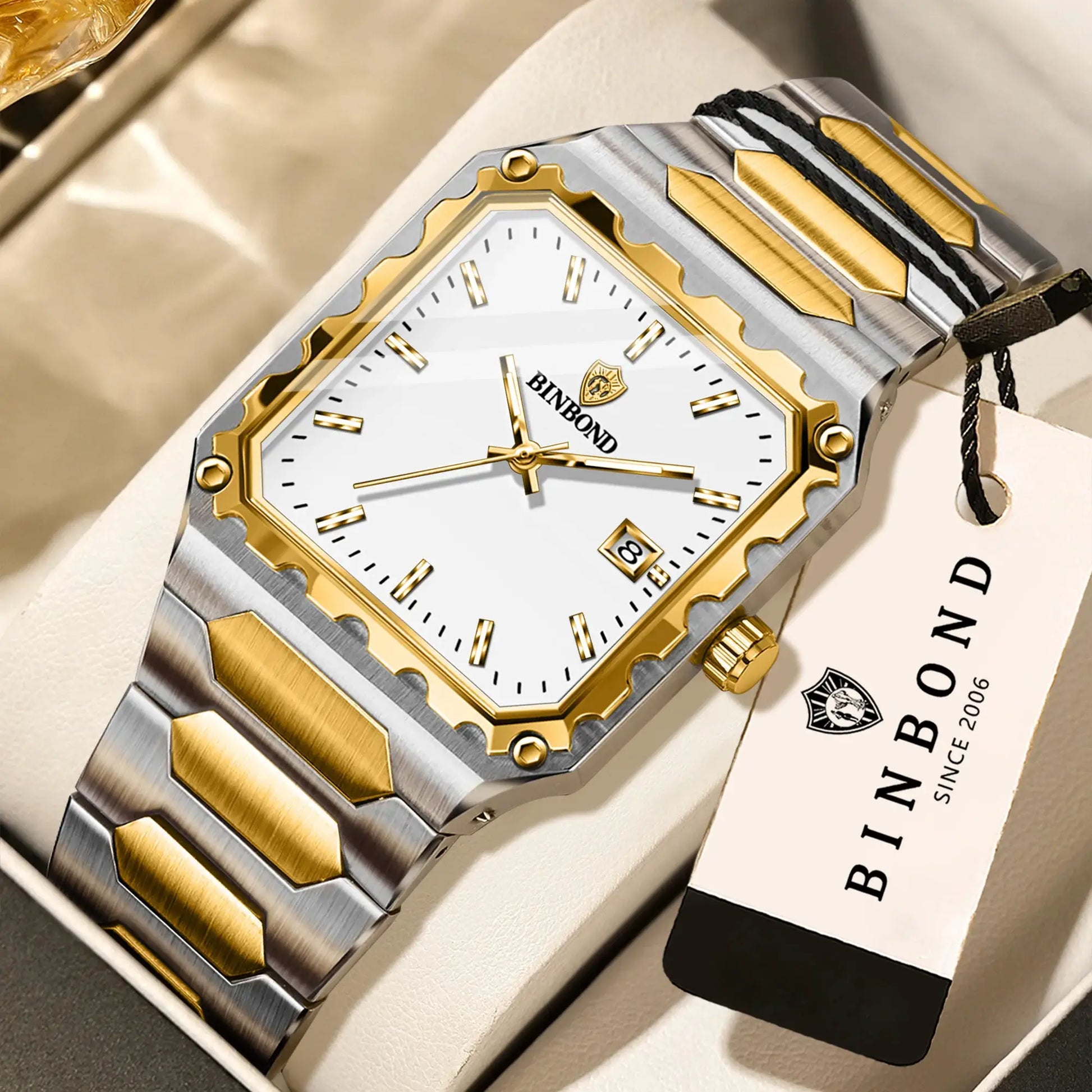 BINBOND men's watch, two-tone stainless steel with gold bezel, white dial and date window.
