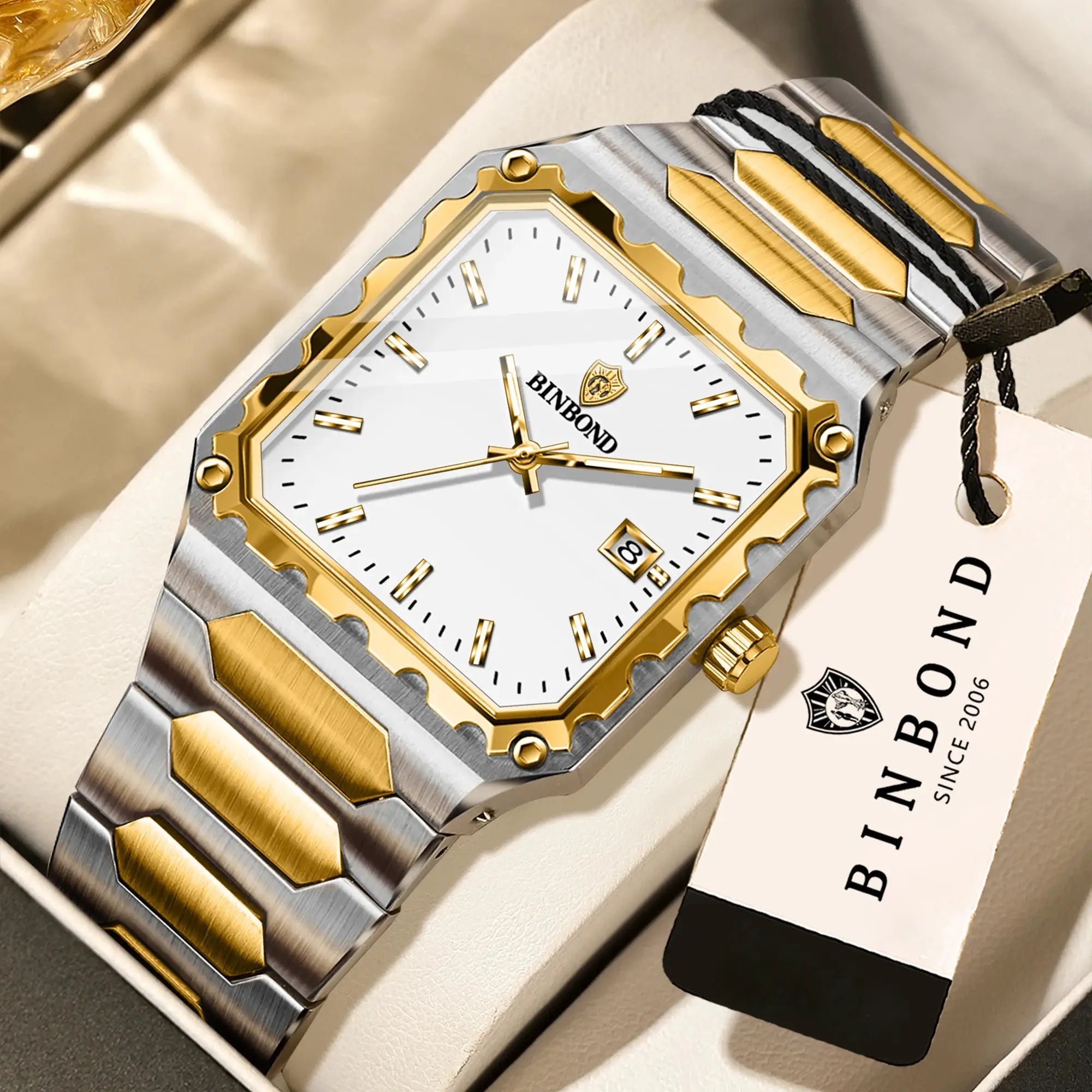 BINBOND men's watch, two-tone stainless steel with gold bezel, white dial and date window.