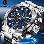 FOXBOX Sport men's digital chronograph watch with blue dial and stainless steel case and bracelet