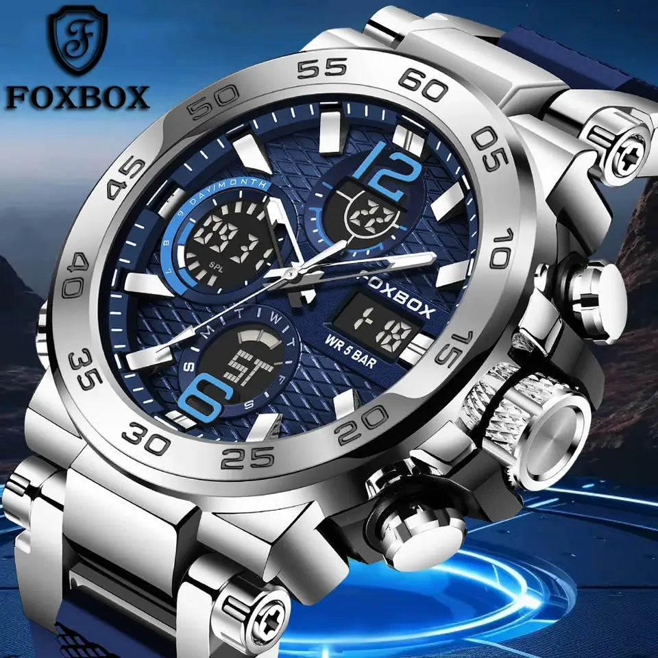 FOXBOX Sport men's digital chronograph watch with blue dial and stainless steel case and bracelet