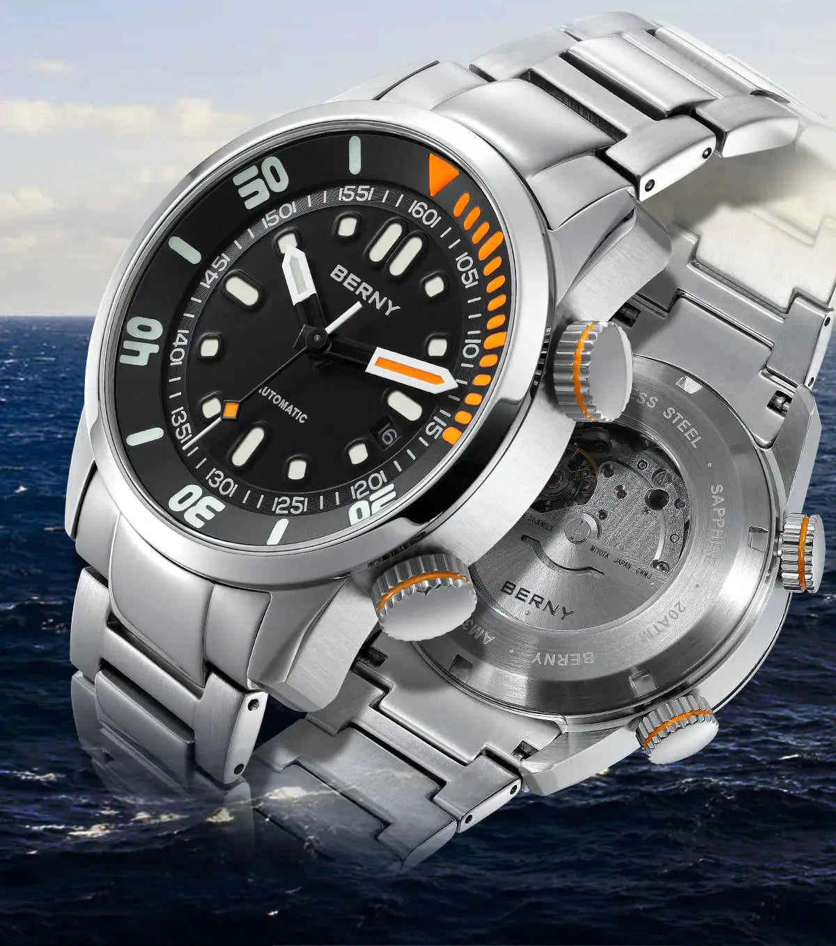BERNY automatic dive watch for men with stainless steel bracelet, black dial and orange accents