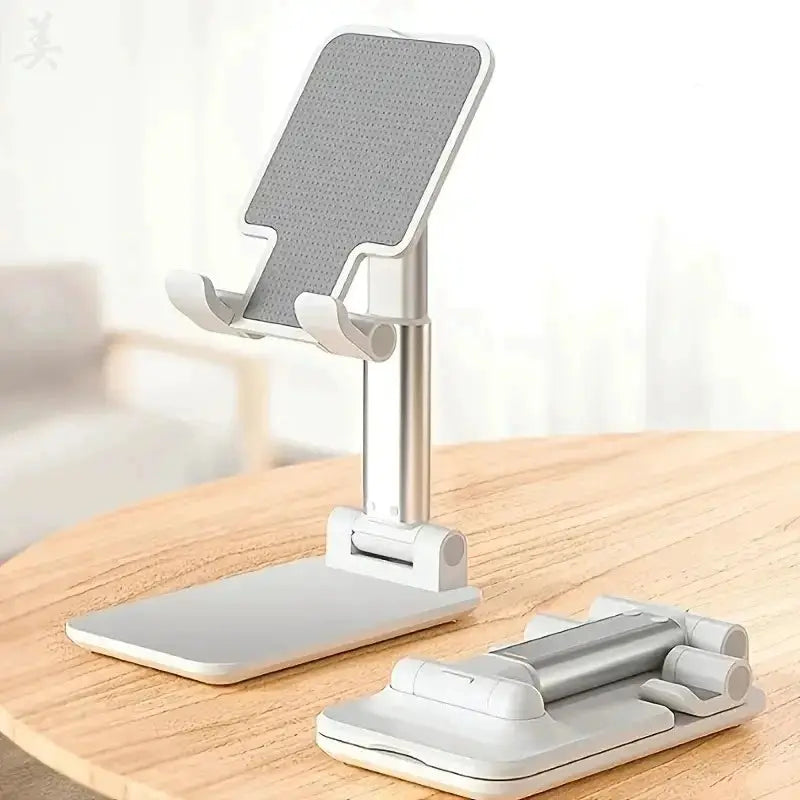 Desk phone stand with adjustable arm and universal tablet holder, white/silver, 2-piece set