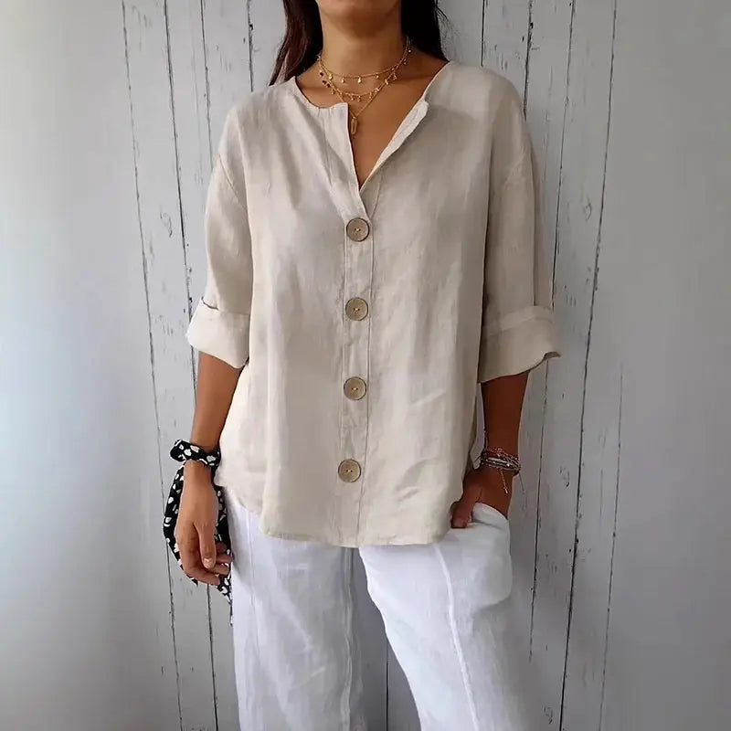 Summer loose shirt, light beige cotton-linen button-top with rolled sleeves