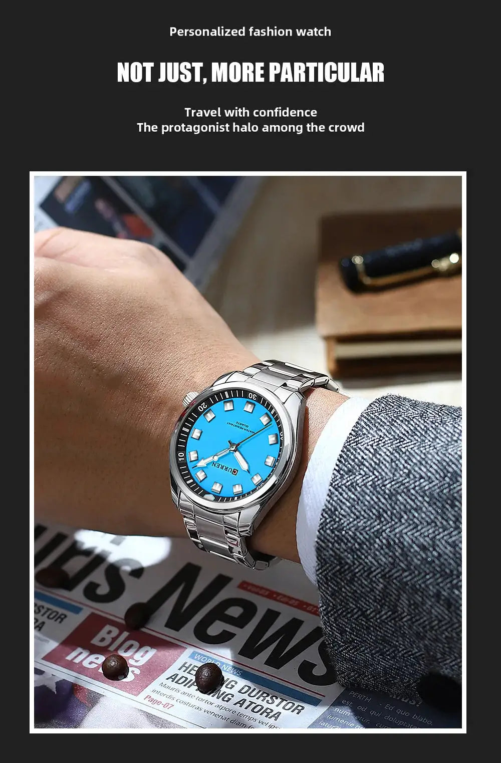 Curren 8451 men's stainless steel automatic wristwatch with blue dial on wrist