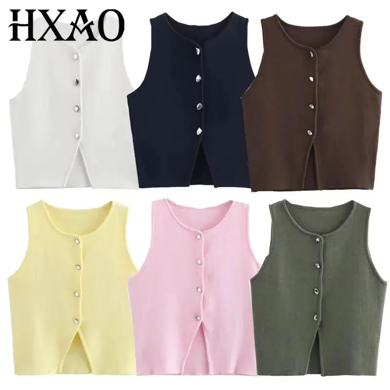 HXAO Womens Cropped Knit Vest Sleeveless Button Front O Neck Autumn Layering Essential Stylish Versatile Knitwear