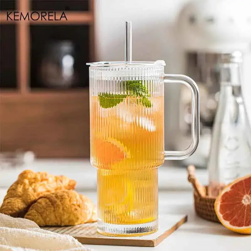 760ML Ribbed Glass Tumbler With Handle Lid For Cold And Hot Beverages Large Iced Coffee Cups With Straws Glass Mug