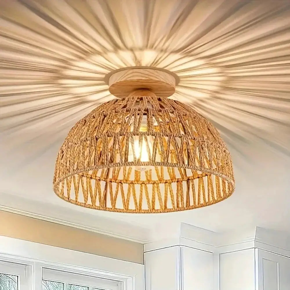 E27 wicker lampshade ceiling lamp, natural handwoven rattan with warm glow for living room or restaurant.