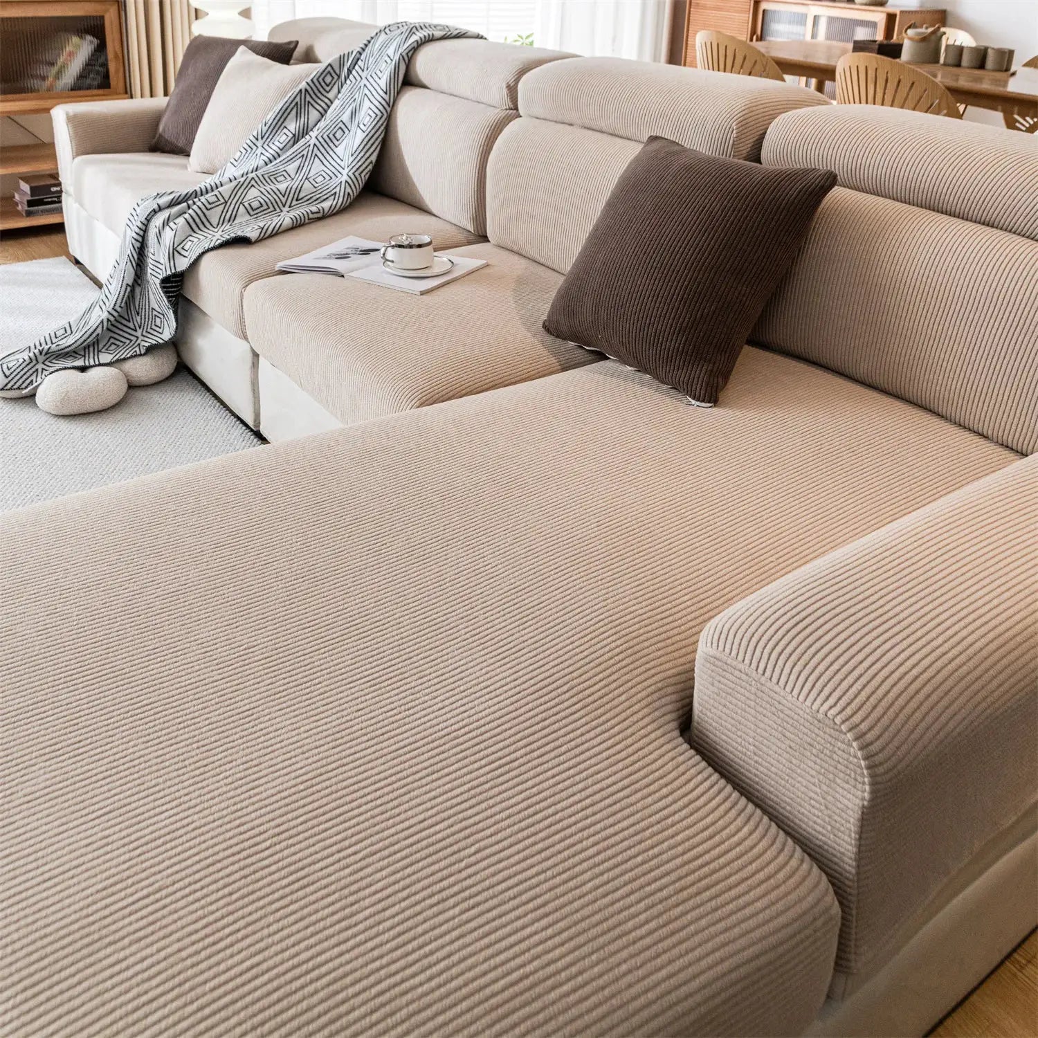 Sofa cushion cover set in beige thick-stripe jacquard fabric; removable and washable