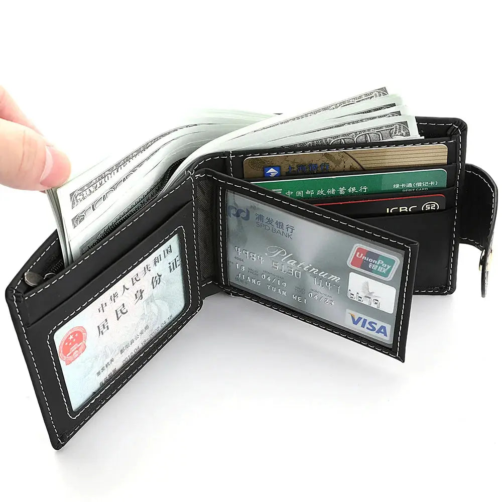 Men's PU leather folding wallet with multiple card slots and cash pocket, black with white stitching, Simples Market