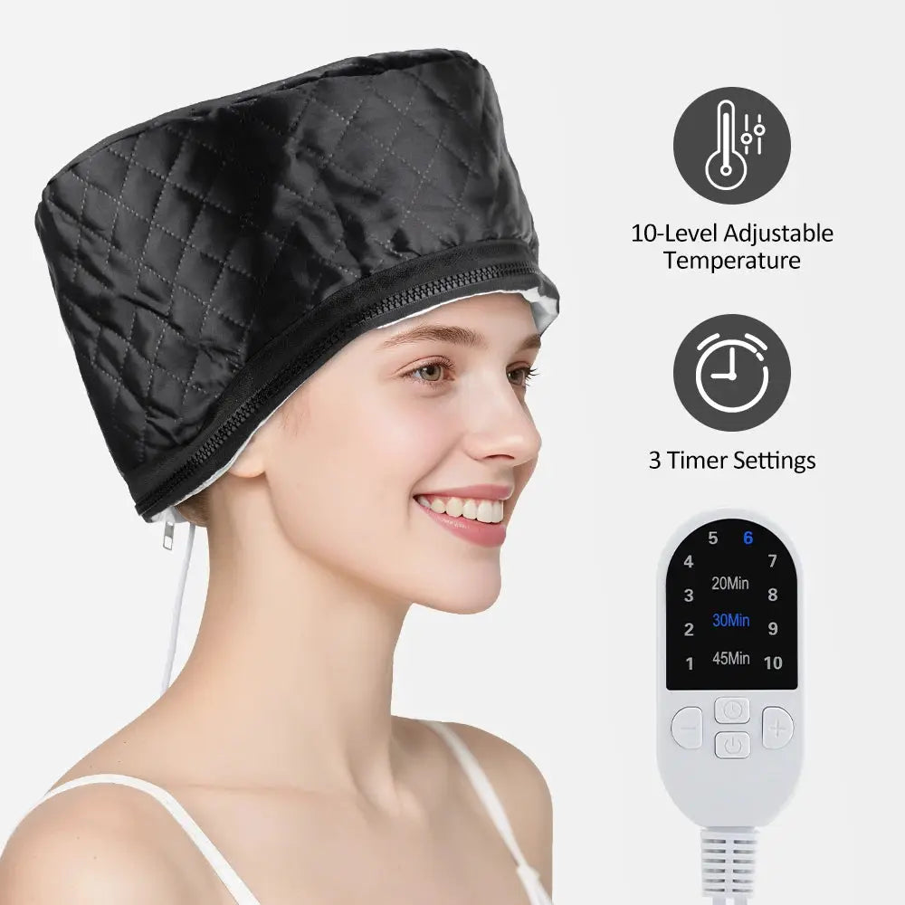 Simples Market home salon hair steamer cap; black quilted heating bonnet with remote and 3 timer settings.