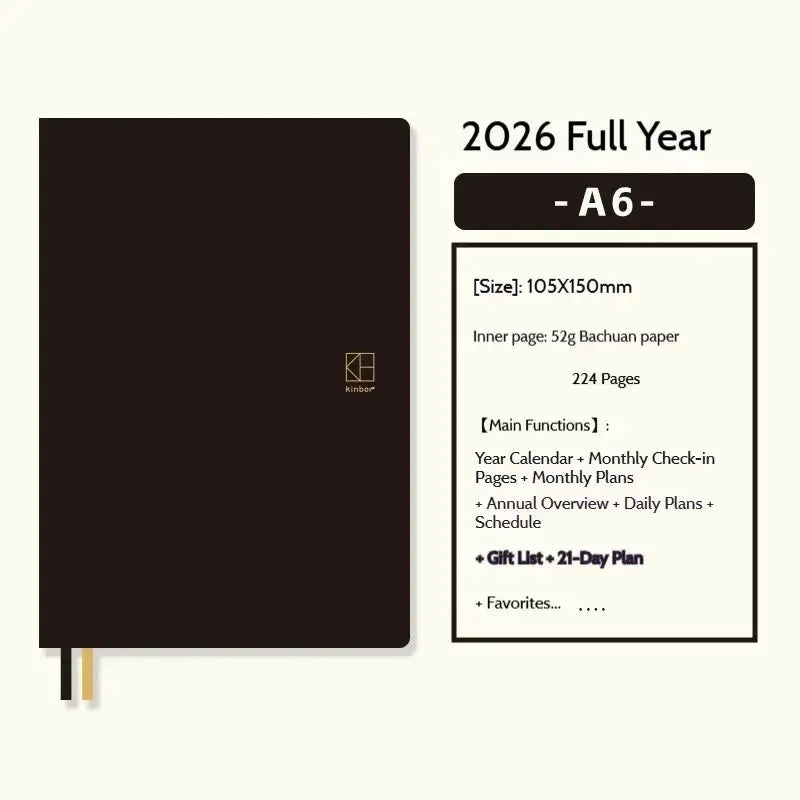 Kinbor 2026 planner notebook with dark brown cover, gold logo, and ribbon bookmarks.