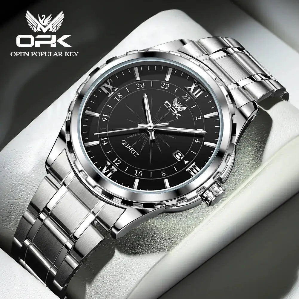 OPK Brand Steel Belt Dual Calendar Mens Quartz Watch 6003 Dual Calendar Display Stainless Steel Case