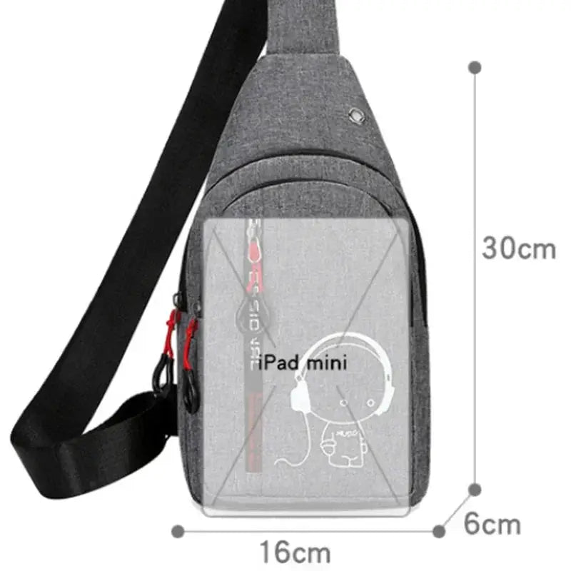 Simples Market gray men's chest bag, compact crossbody with black strap, 30x16x6 cm