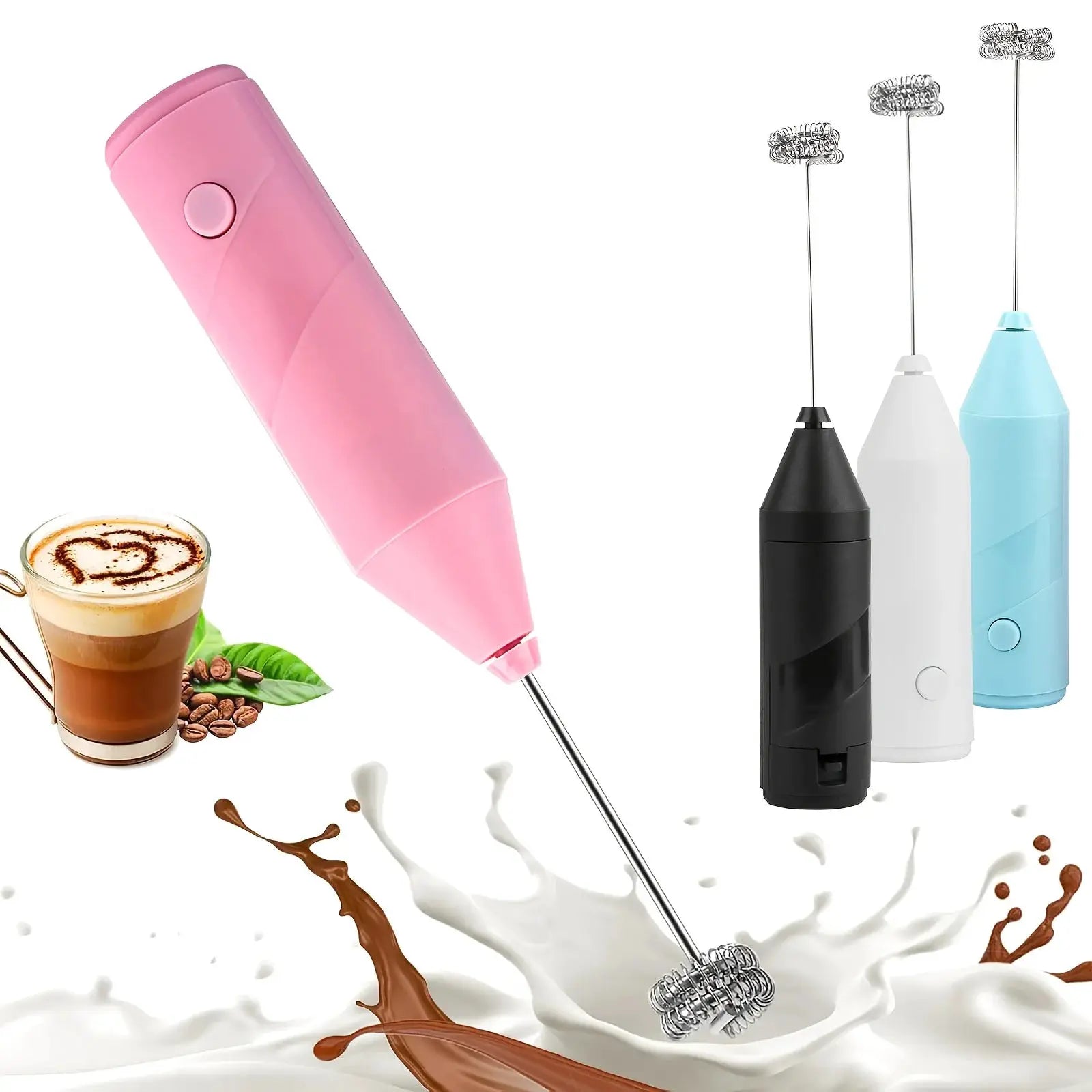 Handheld electric milk frother in pink, part of a 4-color set with black, white, and blue options for coffee