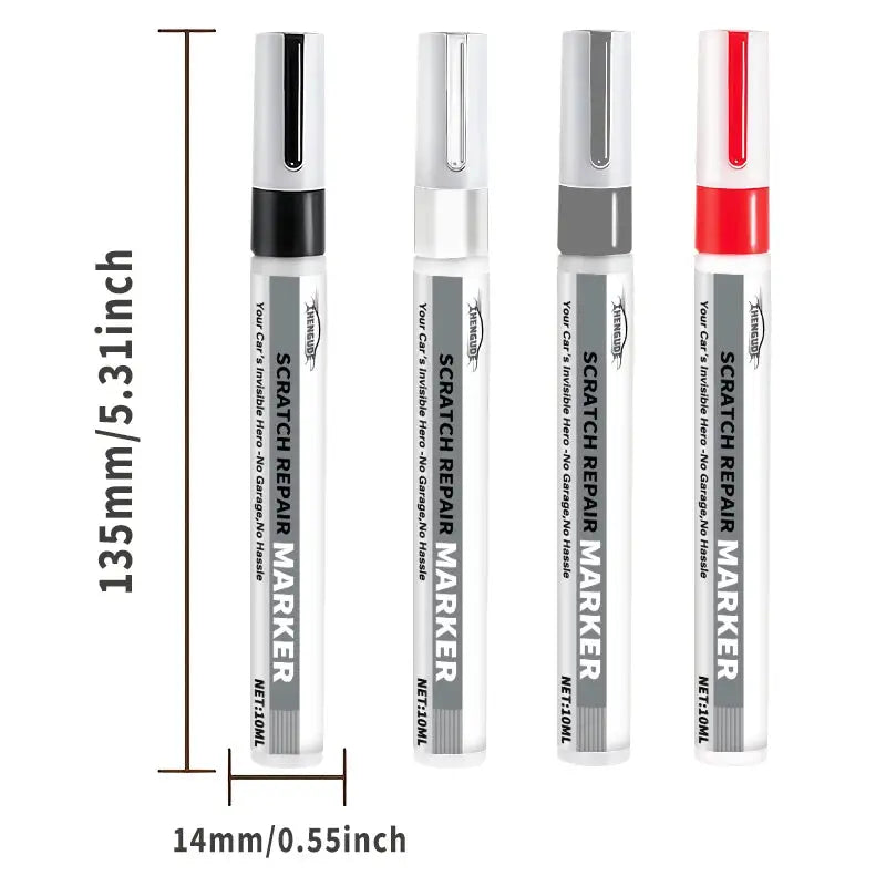 Simples Market 4-pack car scratch repair markers with color-coded caps in black, white, gray, and red.