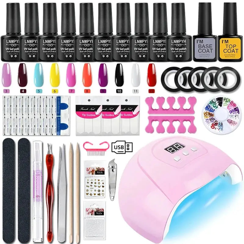 Gel Varnish Kit by Simples Market: pink UV nail lamp, 12-color gel polishes, base/top coats, manicure tools