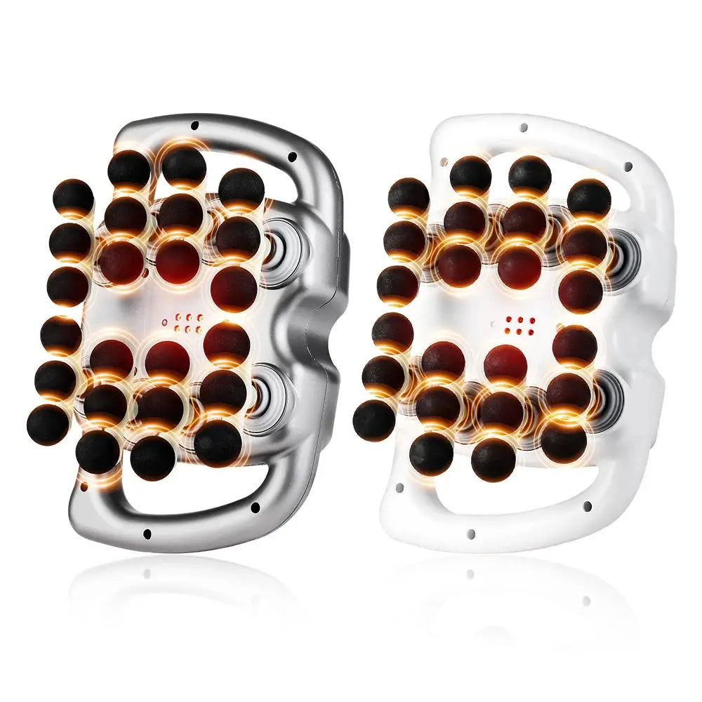 42-Head fascia gun high-frequency massager; two handheld back/neck massage devices in silver and white.