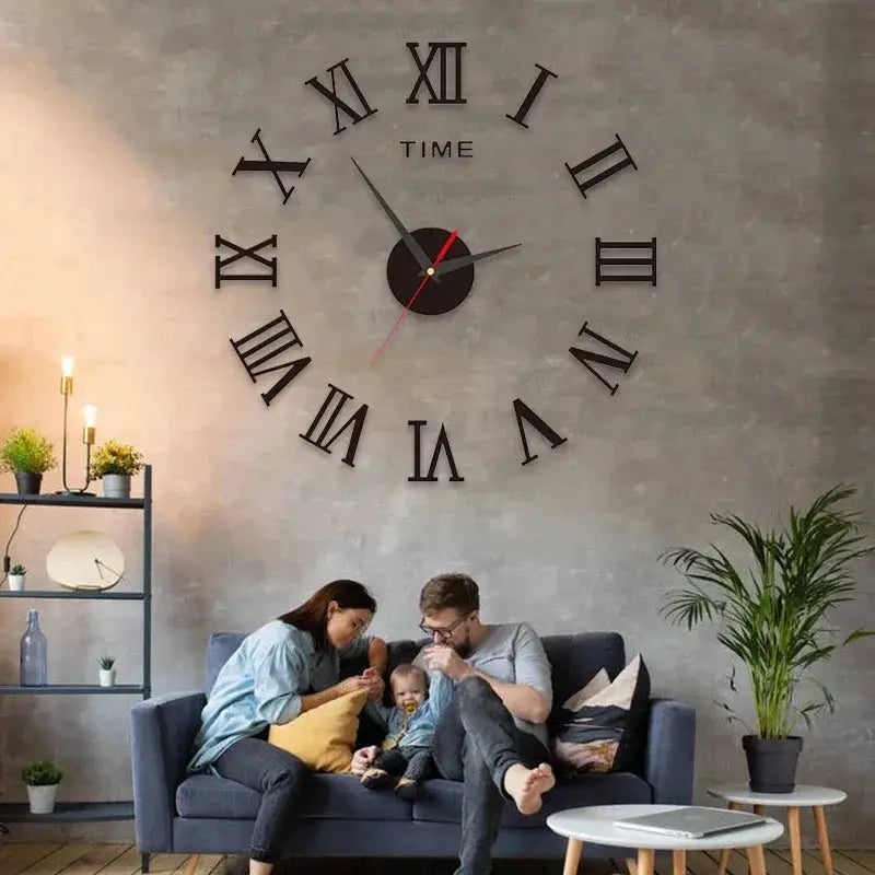 Large 3D DIY silent wall clock wall sticker with black Roman numerals and red second hand on a gray living room wall