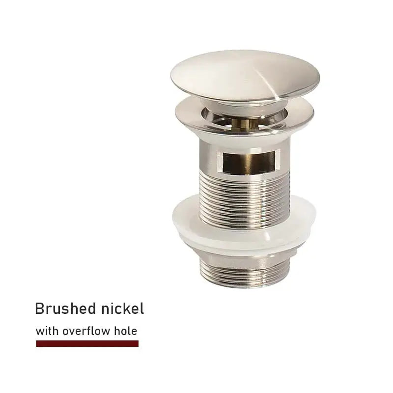 Bathroom sink push-down pop-up drain in brushed nickel with overflow hole
