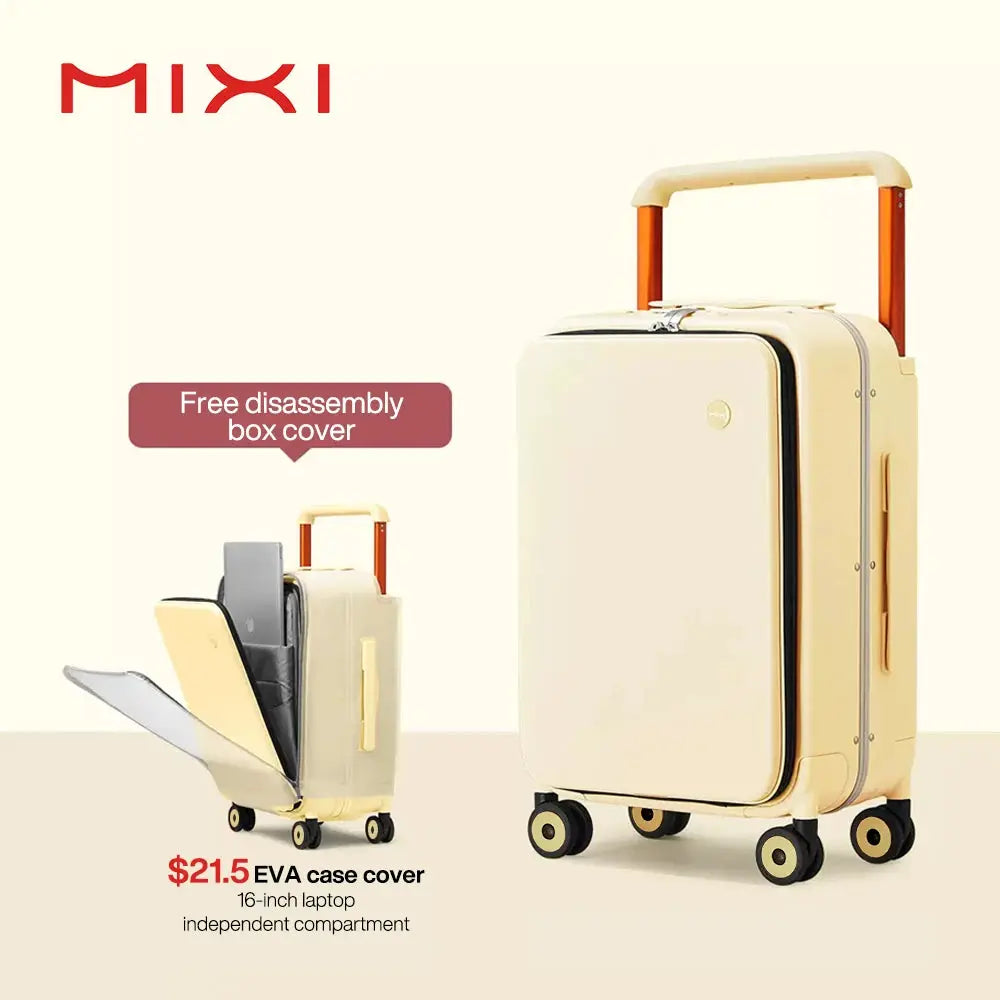 Mixi 20-inch beige carry-on suitcase with wide handle, four wheels, PC aluminum frame