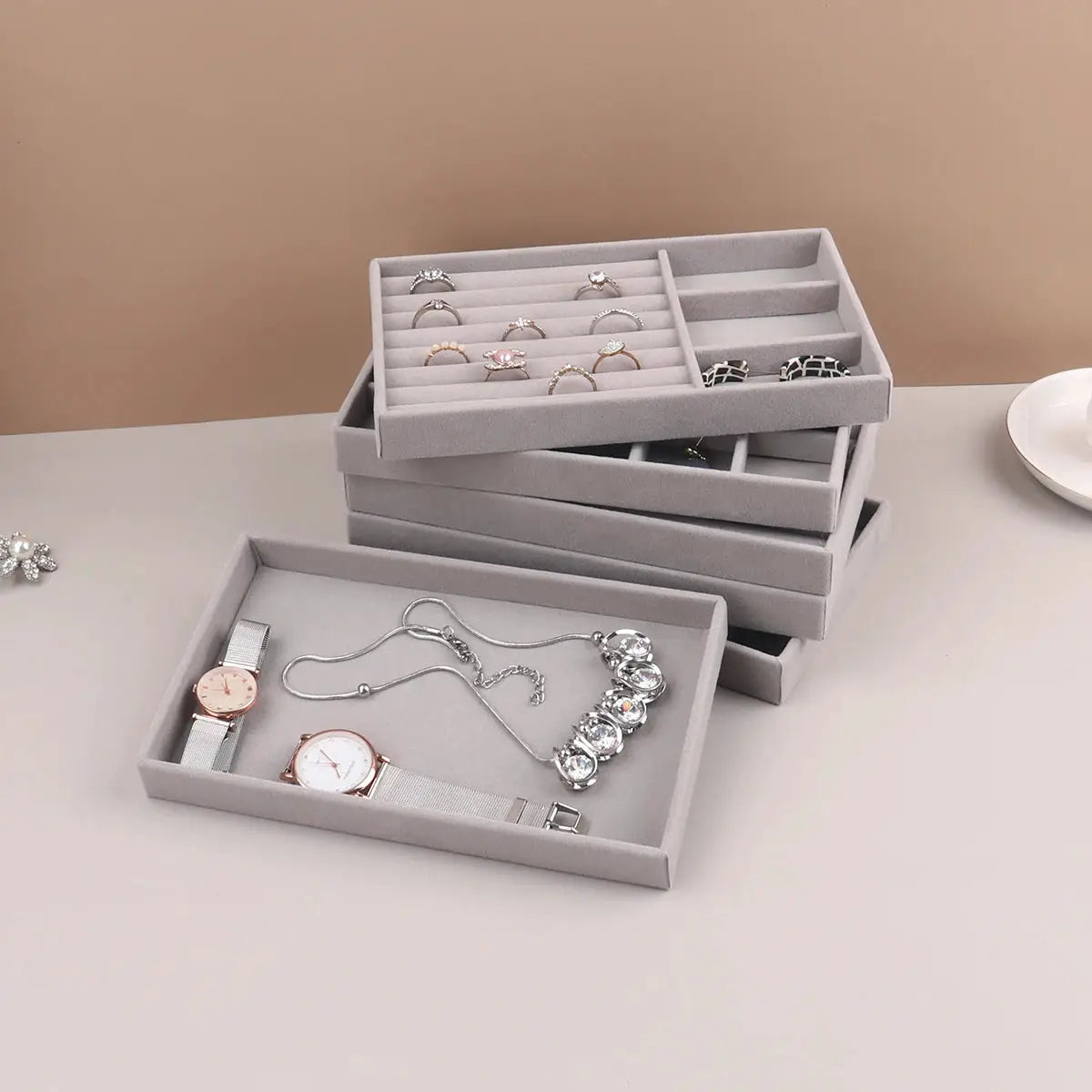 Velvet Jewelry Display Stackable Organizer Box For Rings Earrings Necklaces Portable Case