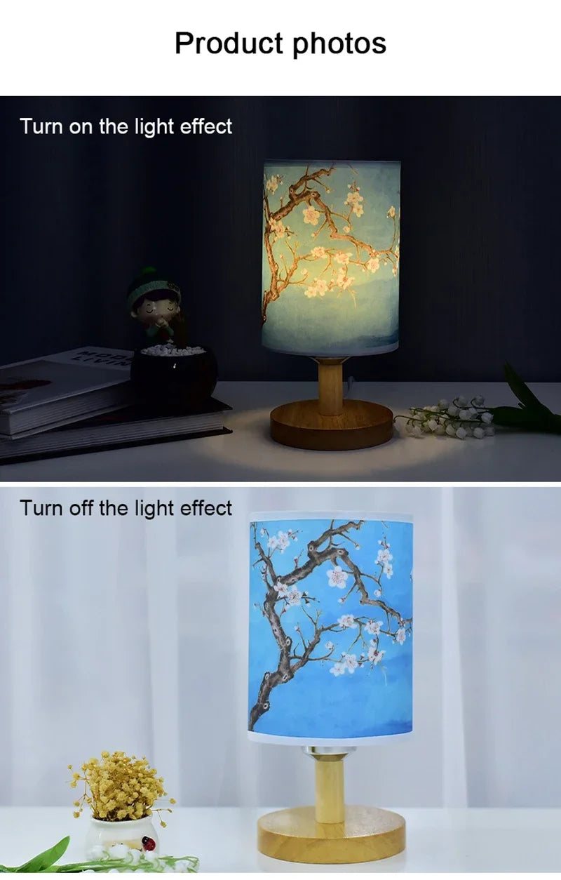LED table lamp with fabric plum-blossom shade on a wooden base, dimmable EU plug bedside light by Simples Market