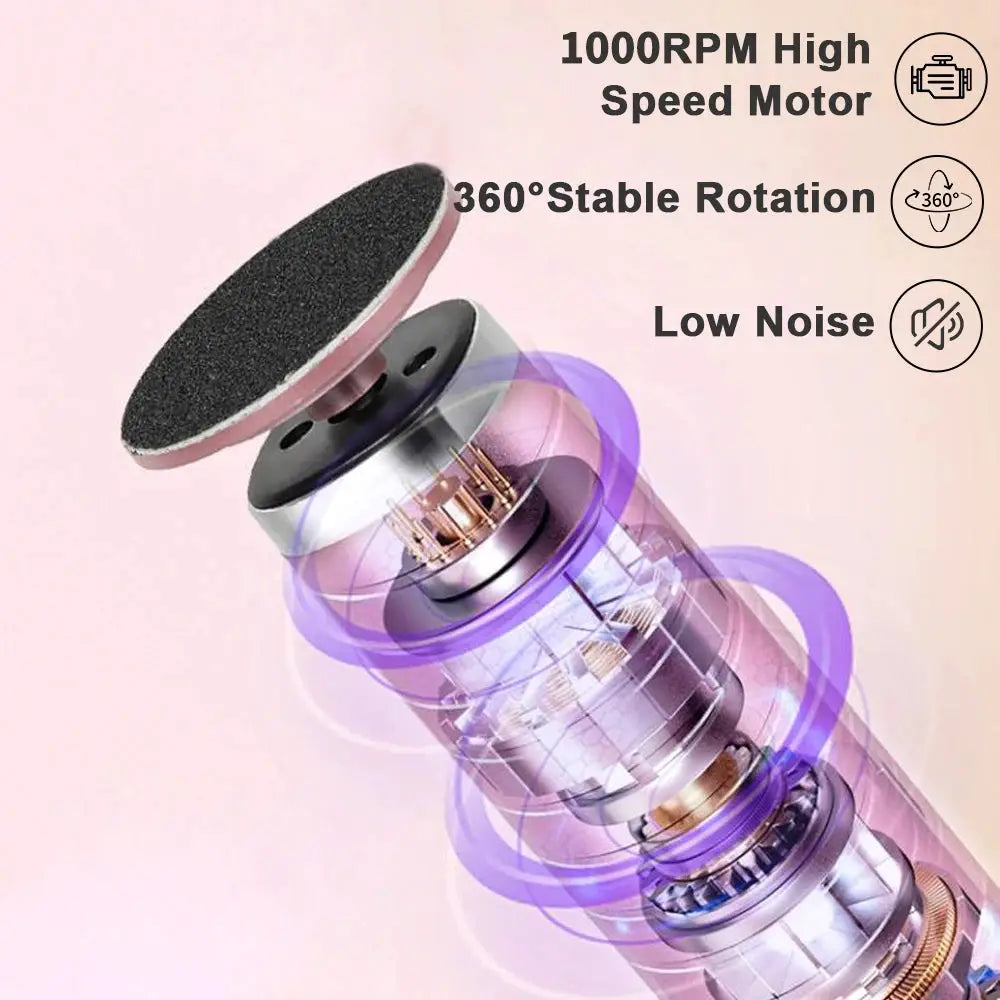Simples Market electric foot callus remover with replacement sandpaper; purple transparent pedicure tool, 360° rotation.