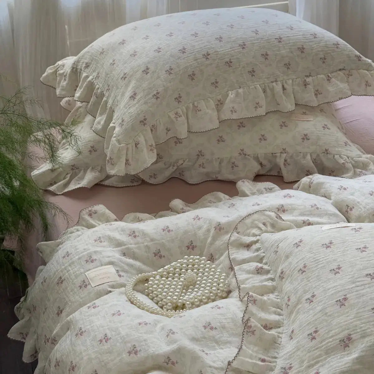 Bedding set by Simples Market INS Princess floral gauze 100% cotton, 3-piece with ruffle-edge pillowcases and duvet cover