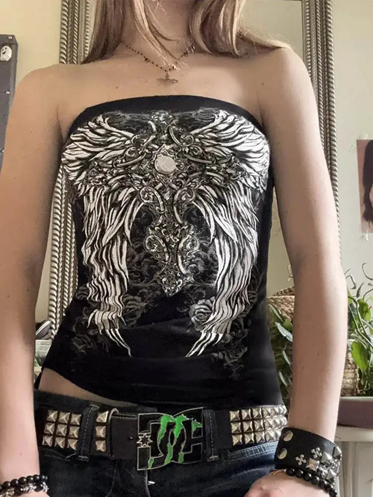 Gothic Print Black Strapless Tube Top for Women Skinny Cropped Summer Casual Chic Streetwear Graphic Tee Y2K Vest