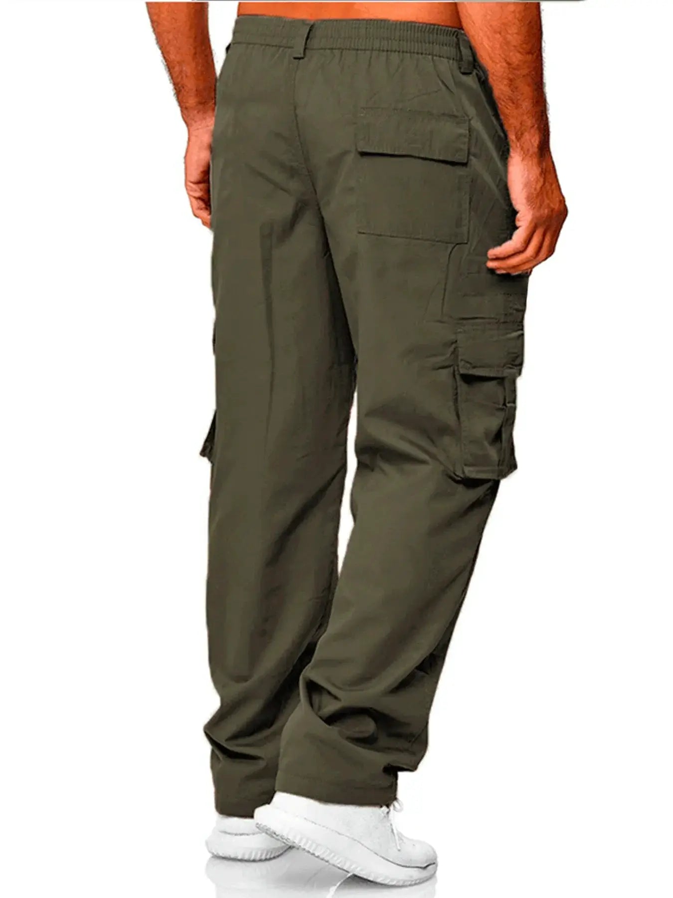 Men's olive green cargo pants with multiple pockets for outdoor wear, loose straight-leg fit.
