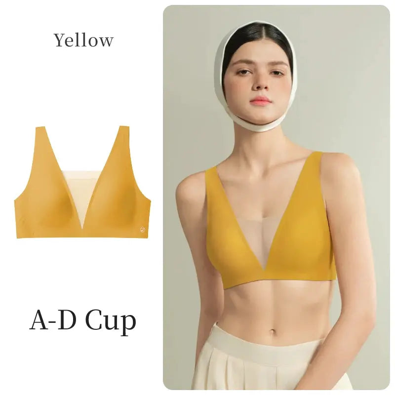 SUJIIN sexy seamless plunge push-up bra, yellow, mesh deep-V, A-D cup, two-view image.