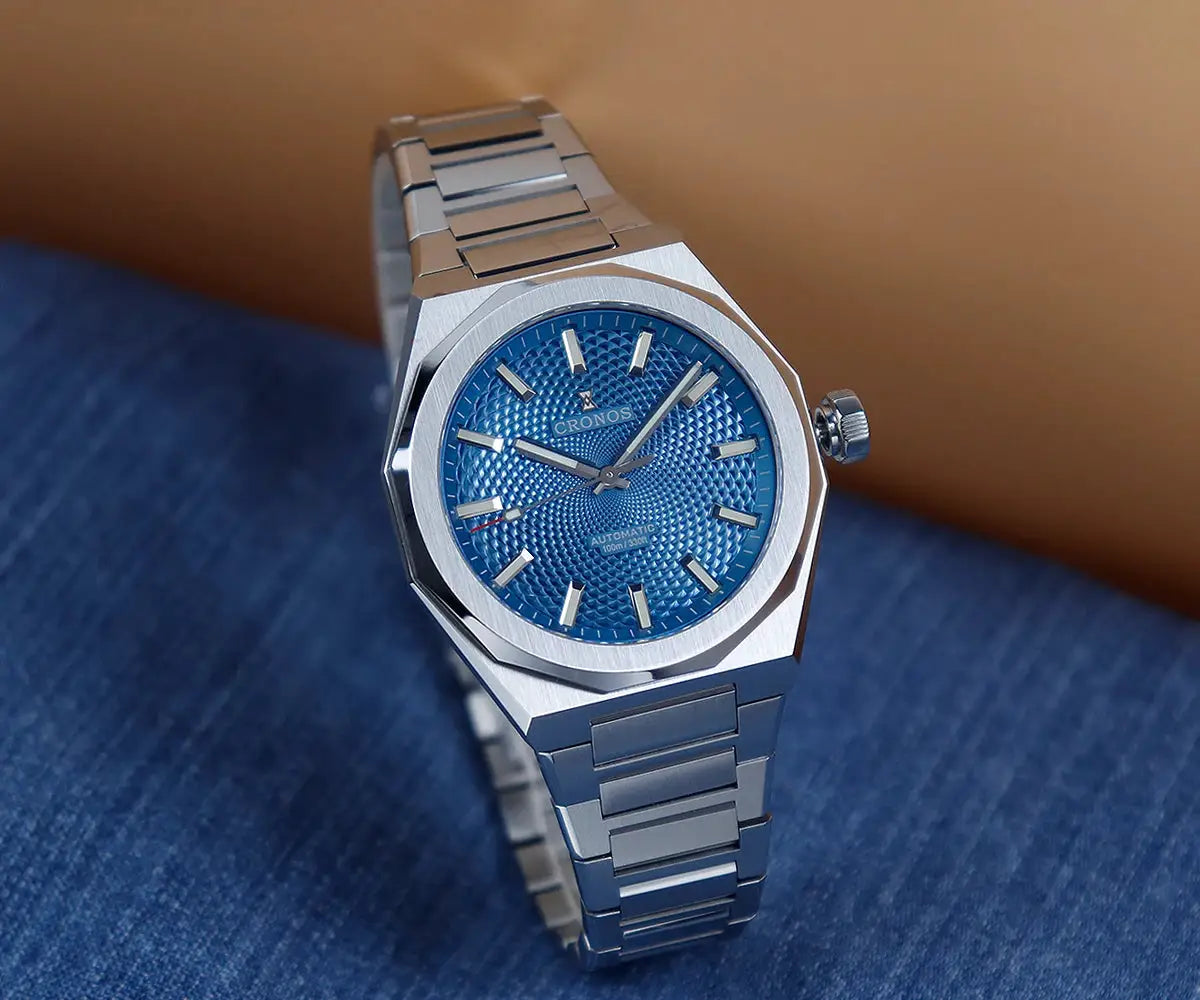 Cronos New Rhombus Perlage 39mm automatic wristwatch with blue textured dial and stainless steel bracelet