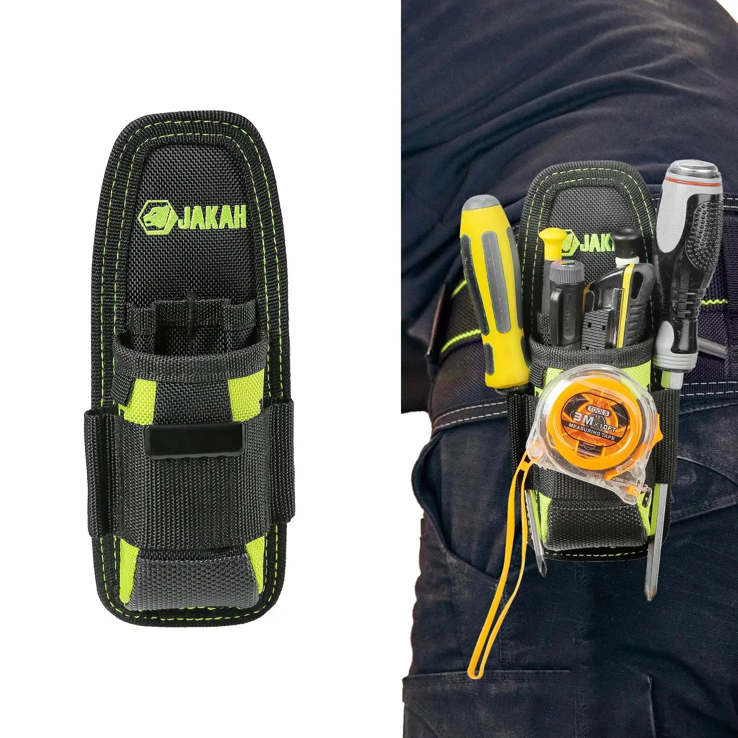 JAKAH small tool holder pouch with snap clip; black fabric with lime stitching, shown on belt with tools.
