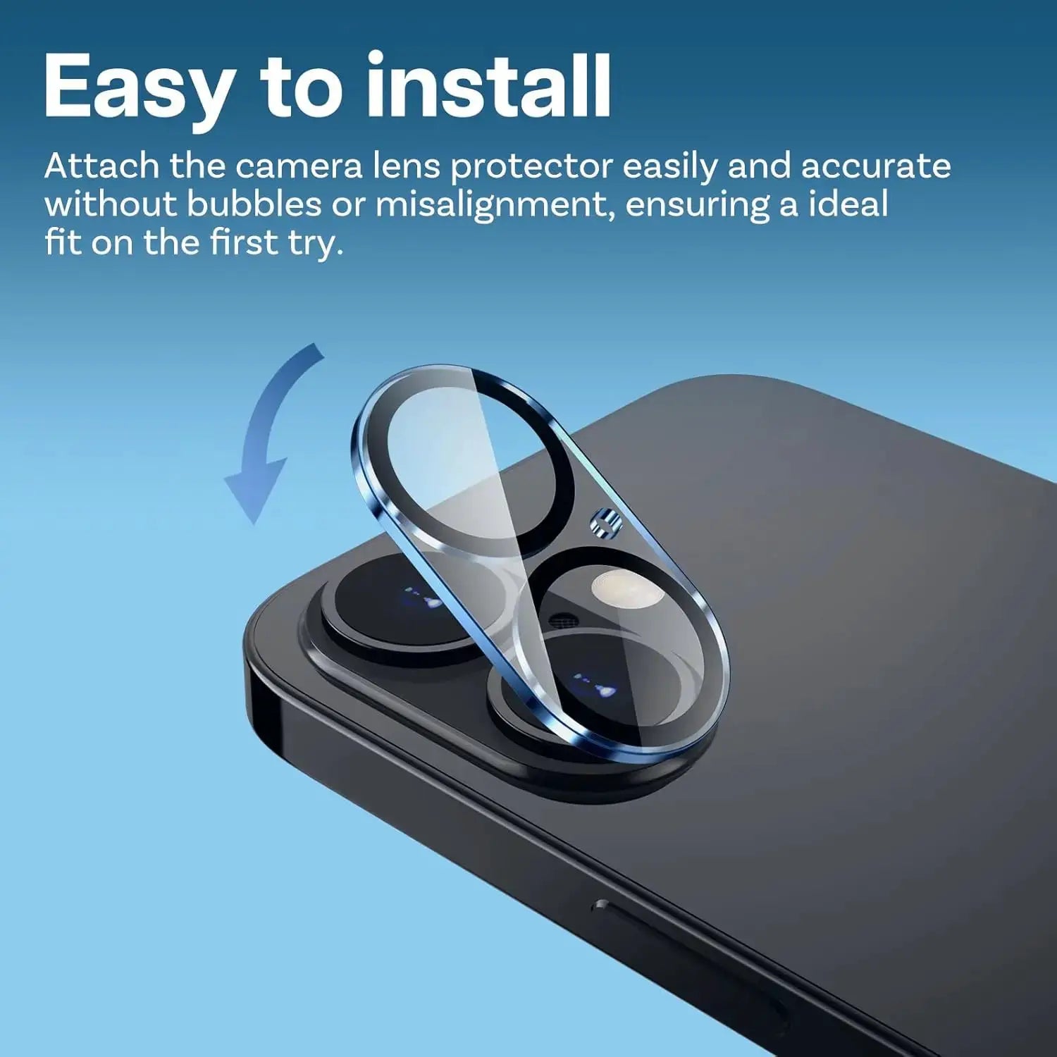 Camera lens protector for iPhone 13–17 series; blue-tinted tempered glass, precise fit.