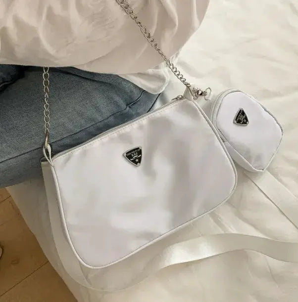 VoyageNyl Nylon Shoulder Bag Set Two Piece Solid Color Handbags With Chain Straps For Daily Use And Travel