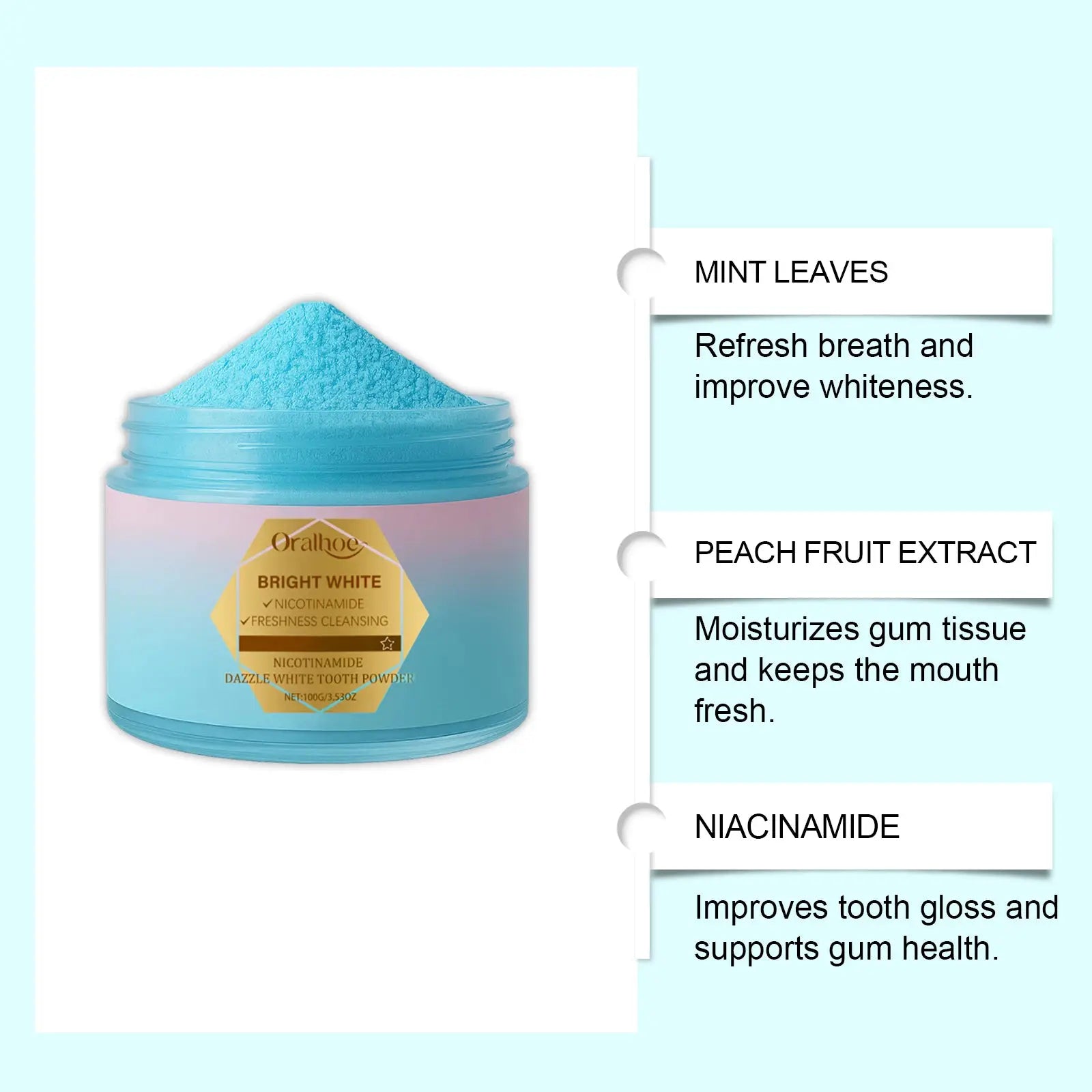 Tooth powder jar with bright blue powder; niacinamide whitening formula by Simples Market
