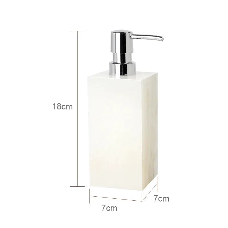 White onyx marble soap dispenser by Simples Market with chrome pump for bathroom